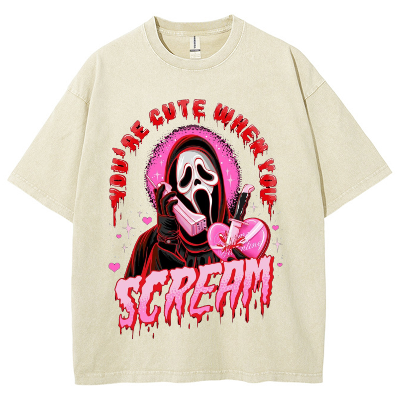 Cute Scream Unisex Vintage Solid Wash Denim T-Shirts