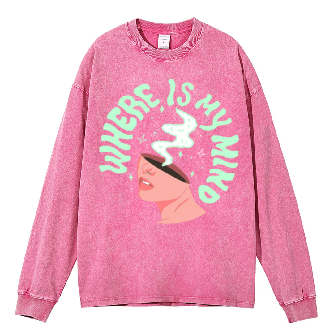 My Mind Unisex Casual Washed Printed Round Neck Long Sleeve T-shirt