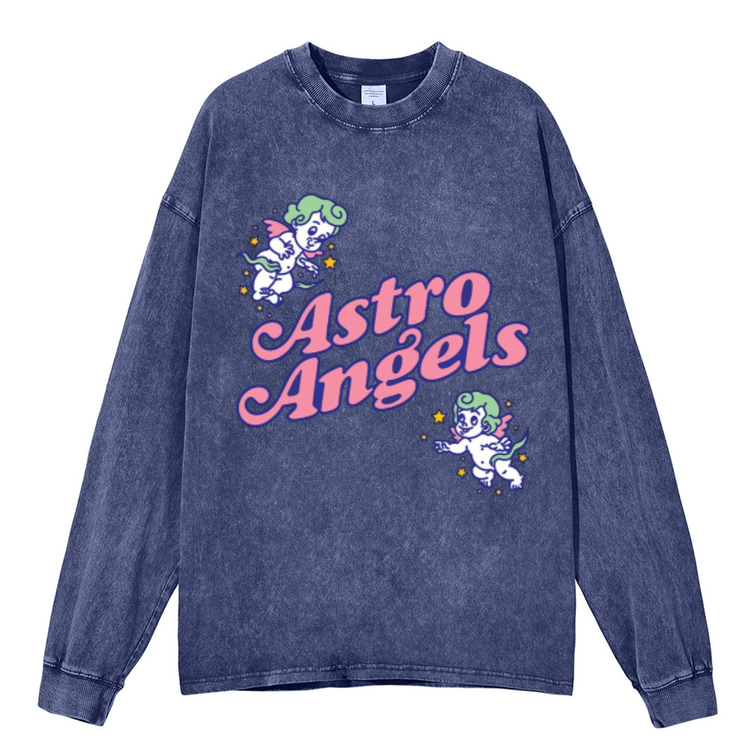 Astro Angels Unisex Casual Washed Printed Round Neck Long Sleeve T-shirt