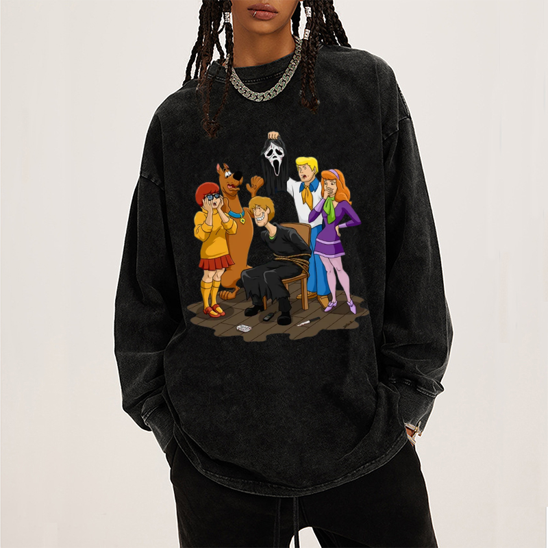 Ghost Face Unisex Washed Printed Round Neck Long Sleeve T-Shirt-Print-cool