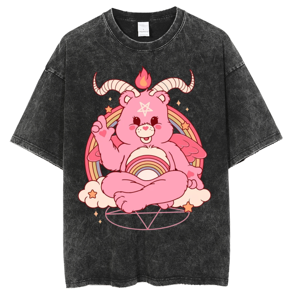 Funny Bear Unisex Printed Retro Washed Short Sleeved T-Shirt
