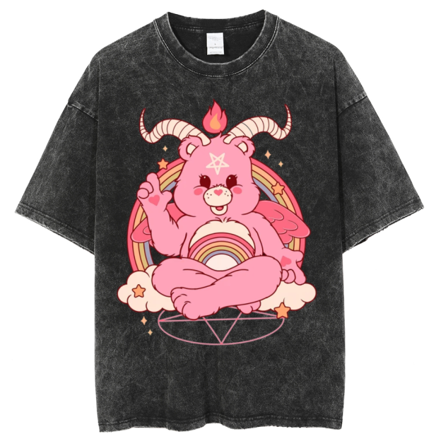Funny Bear Unisex Printed Retro Washed Short Sleeved T-Shirt