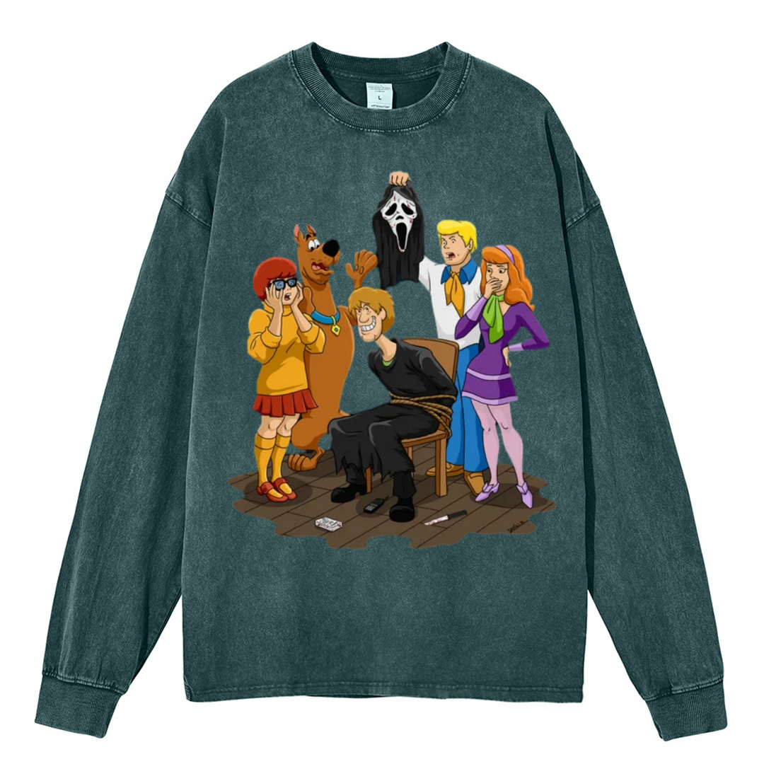 Ghost Face Unisex Washed Printed Round Neck Long Sleeve T-Shirt-Print-cool