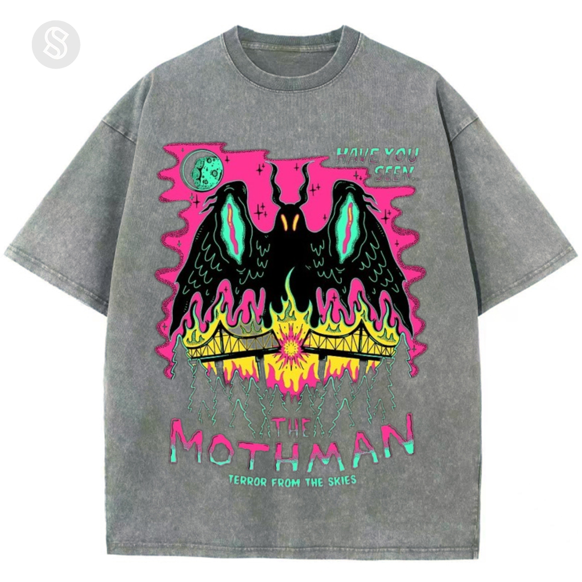 Have You See The Mothman Unisex Printed Retro Washed Short Sleeved T-Shirt-Print-cool