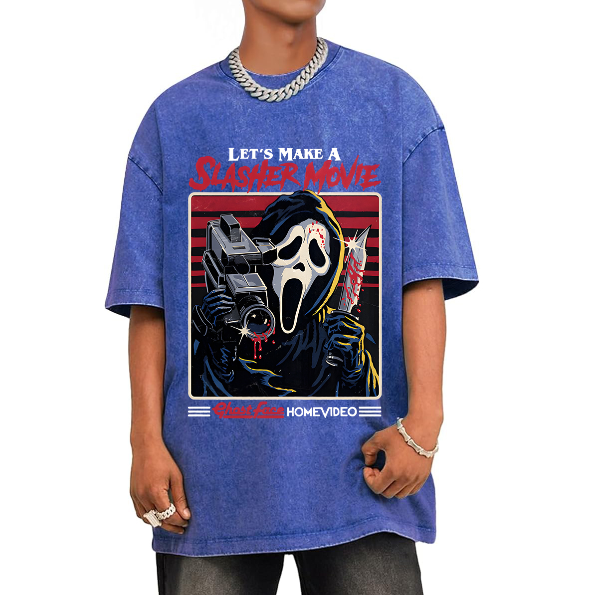 Let's Make A Slasher Movie Unisex Oversized Print Vintage Wash Denim T-Shirt