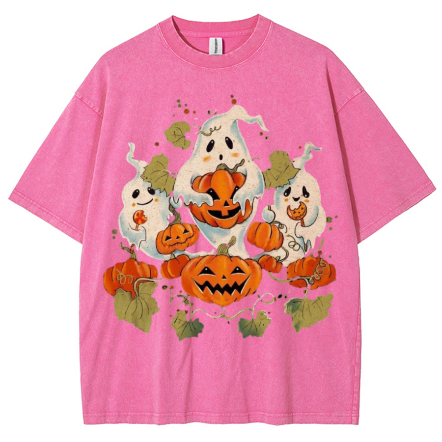 Spooky Pumpkin Unisex Printed Retro Washed Short Sleeved T-Shirt