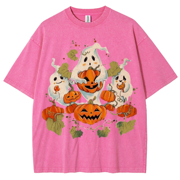 Spooky Pumpkin Unisex Printed Retro Washed Short Sleeved T-Shirt