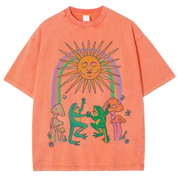 Funny Frog Unisex Oversized Print Vintage Wash Denim T-Shirt