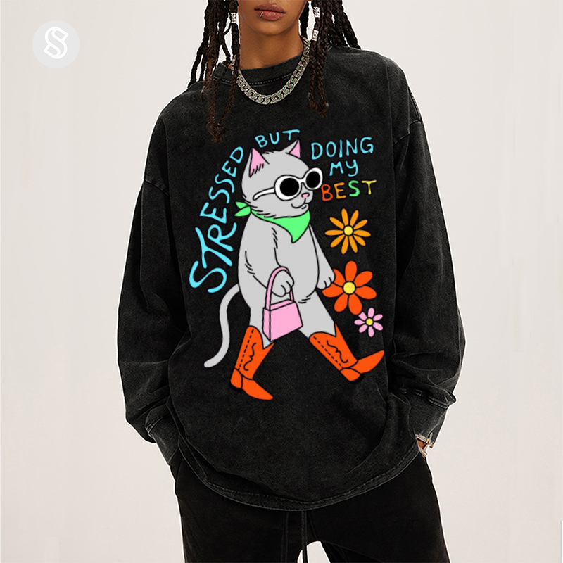 Stressed But Doing My Best Cat Unisex Washed Printed Round Neck Long Sleeve T-Shirt-Print-cool