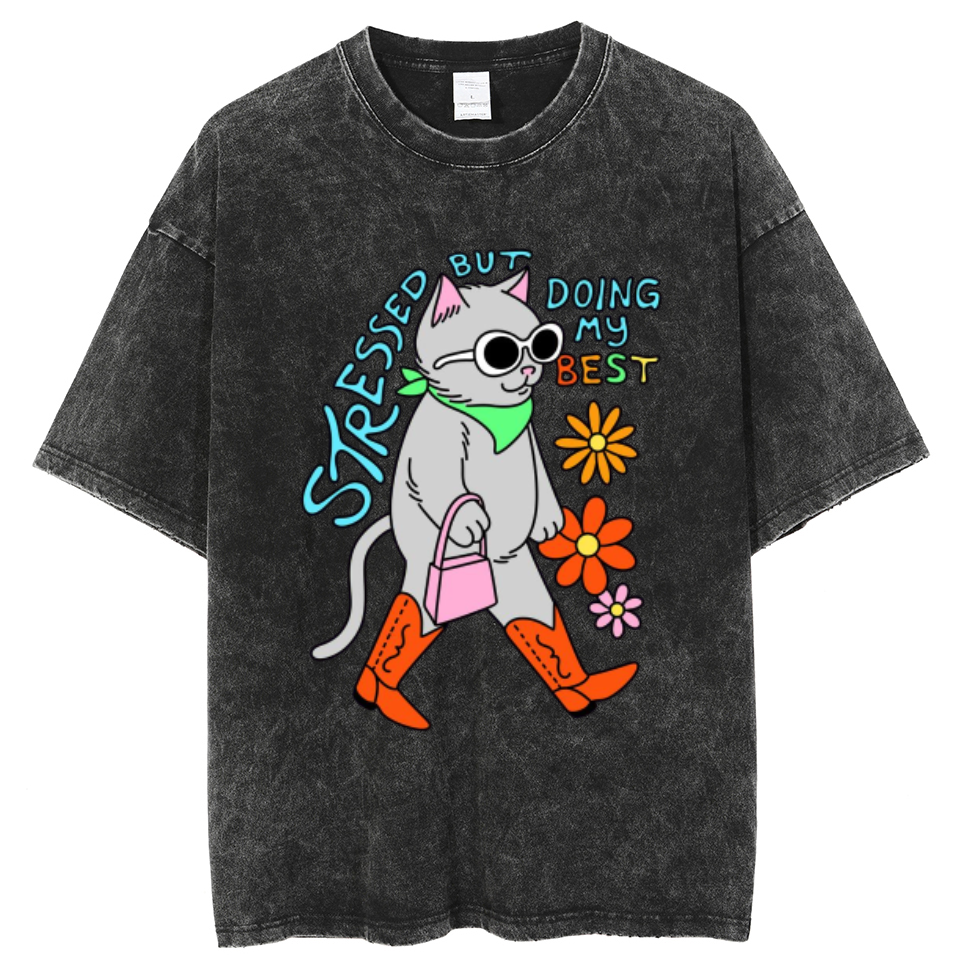 Stressed But Doing My Best Cat Unisex Printed Retro Washed Short Sleeved T-Shirt