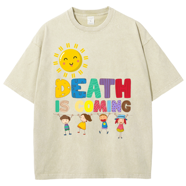 Death Is Coming Unisex Oversized Print Vintage Wash Denim T-Shirt
