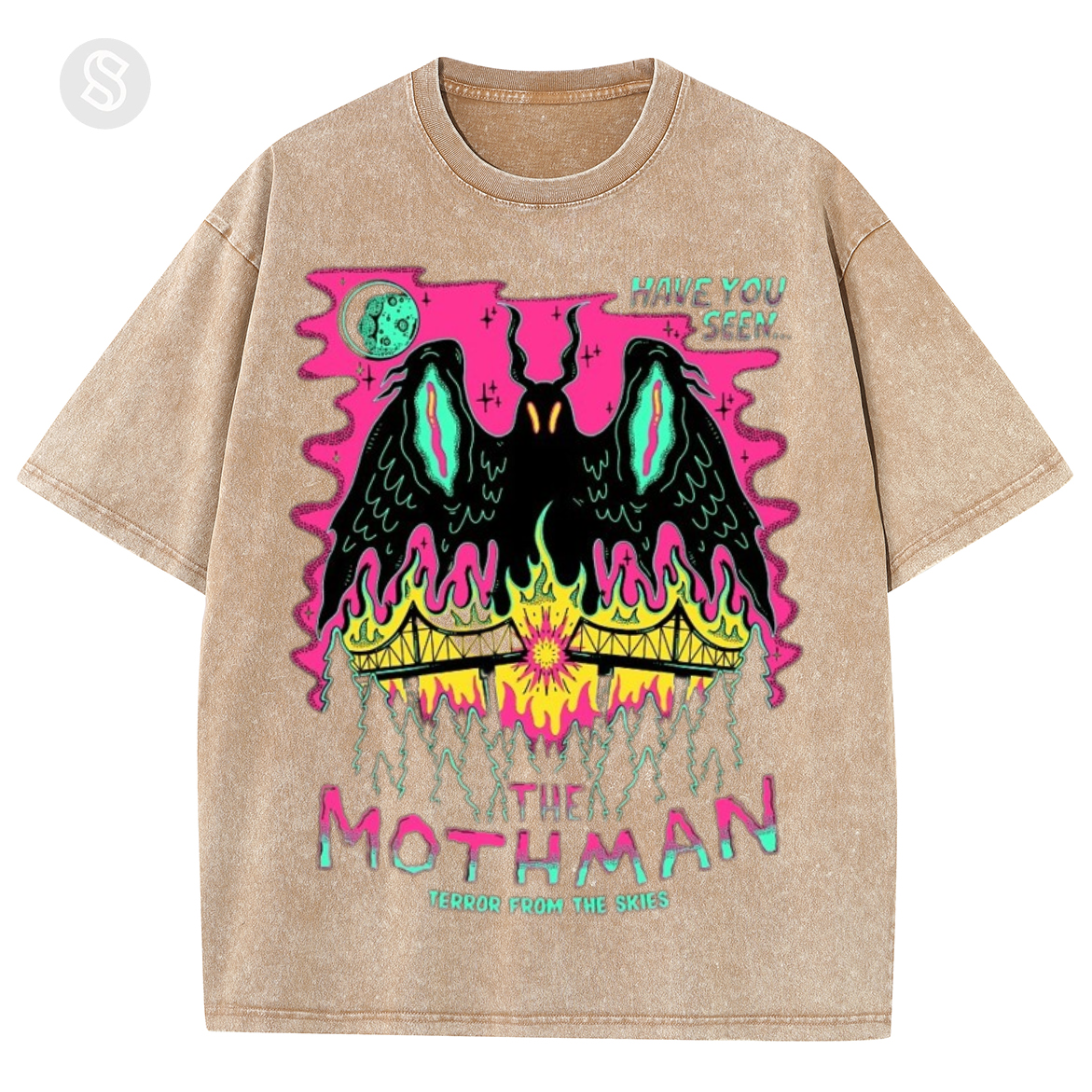 Have You See The Mothman Unisex Printed Retro Washed Short Sleeved T-Shirt-Print-cool
