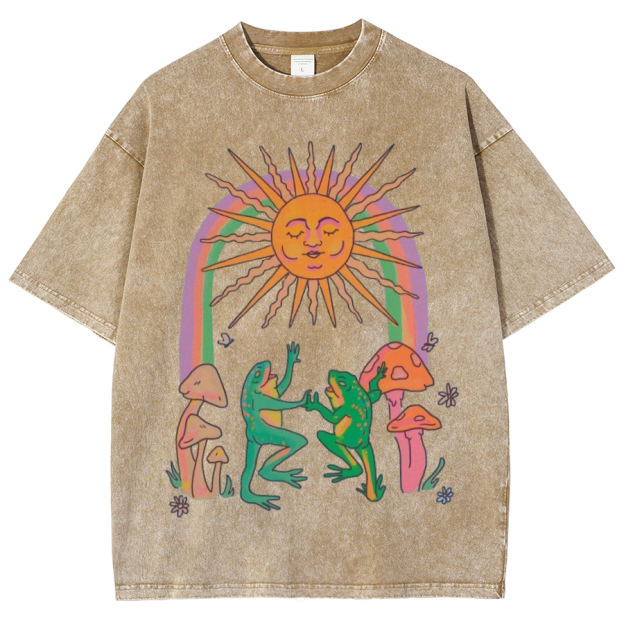 Funny Frog Unisex Oversized Print Vintage Wash Denim T-Shirt