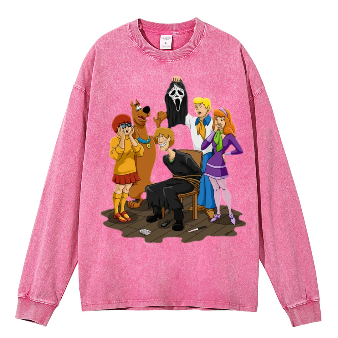 Ghost Face Unisex Washed Printed Round Neck Long Sleeve T-Shirt-Print-cool