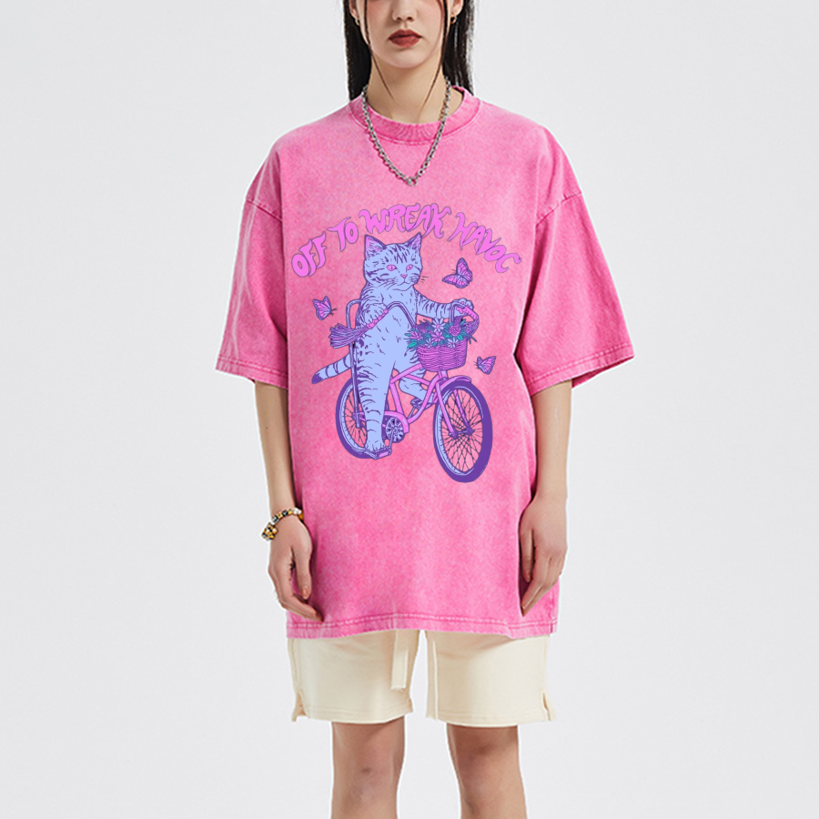 Off To Wreak Havoc Unisex Oversized Print Vintage Wash Denim T-Shirt