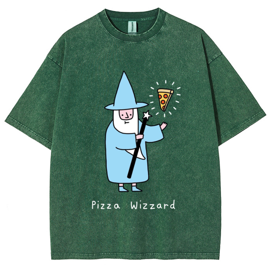 Pizza Wizzard Unisex Printed Retro Washed Short Sleeved T-Shirt-Print-cool