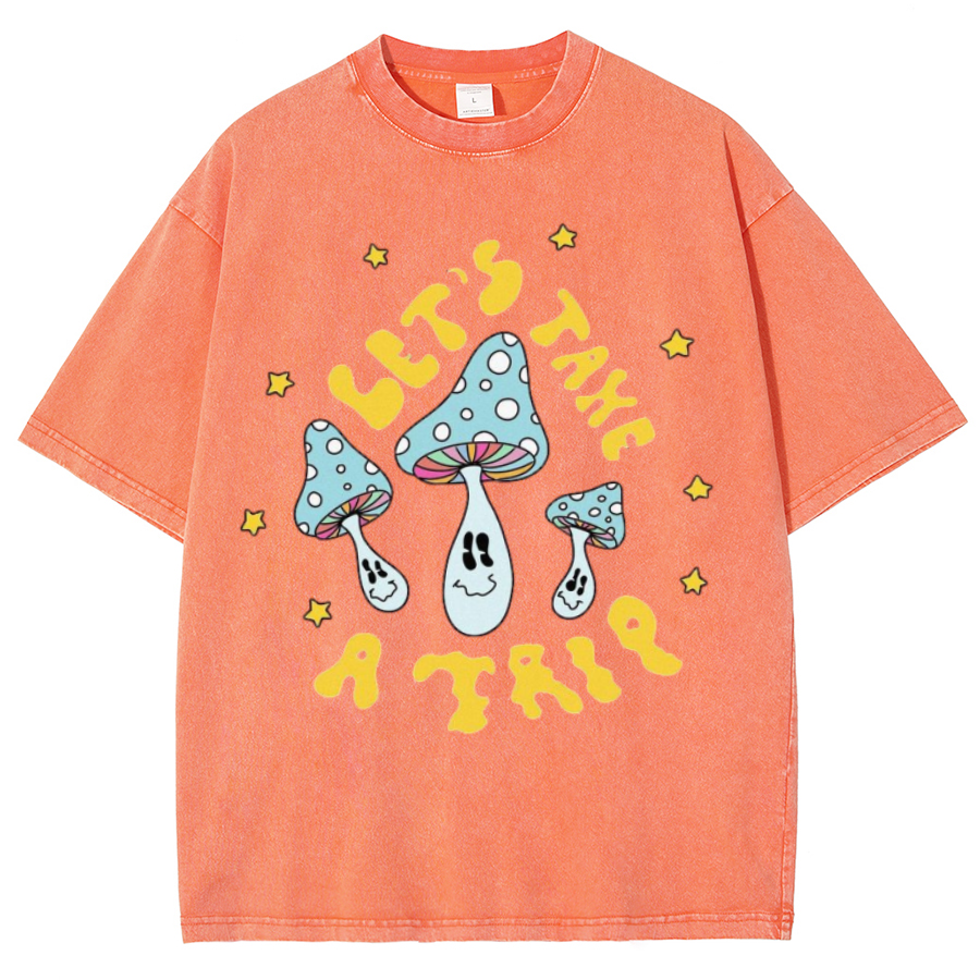Lets Take A Trip Unisex Oversized Print Vintage Wash Denim T-Shirt