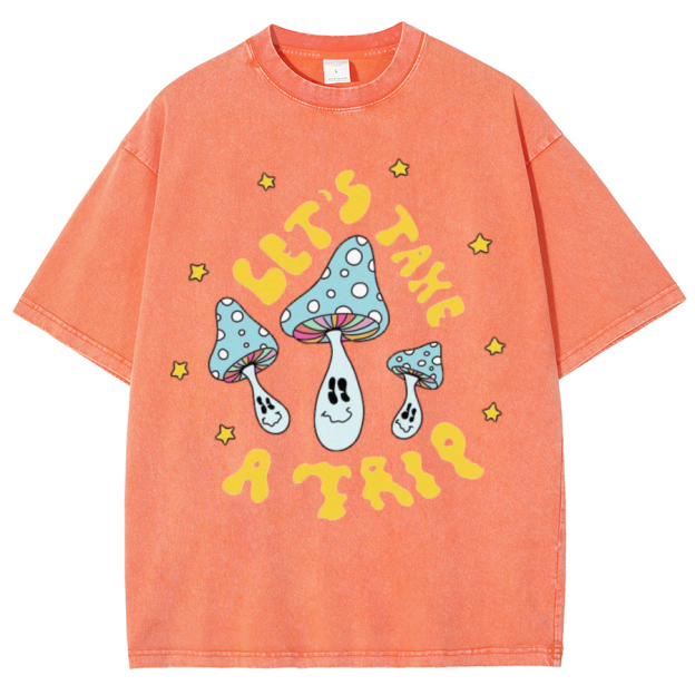 Lets Take A Trip Unisex Oversized Print Vintage Wash Denim T-Shirt