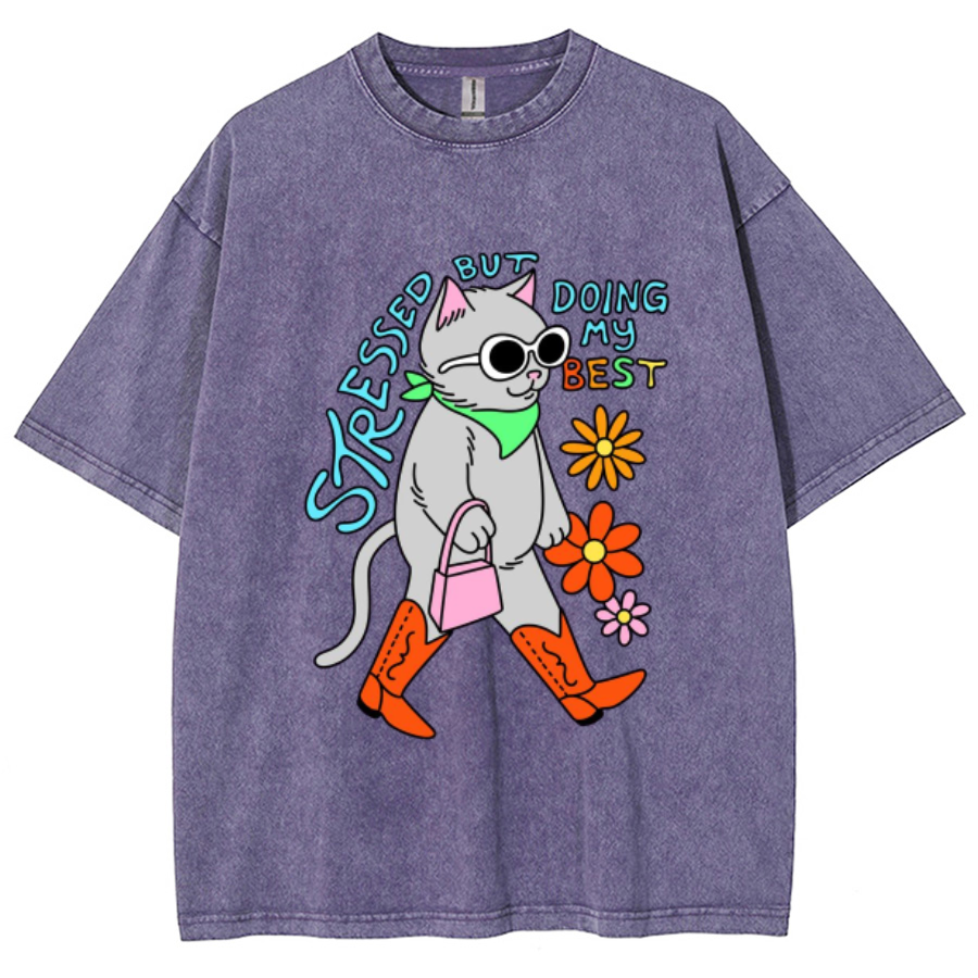 Stressed But Doing My Best Cat Unisex Printed Retro Washed Short Sleeved T-Shirt