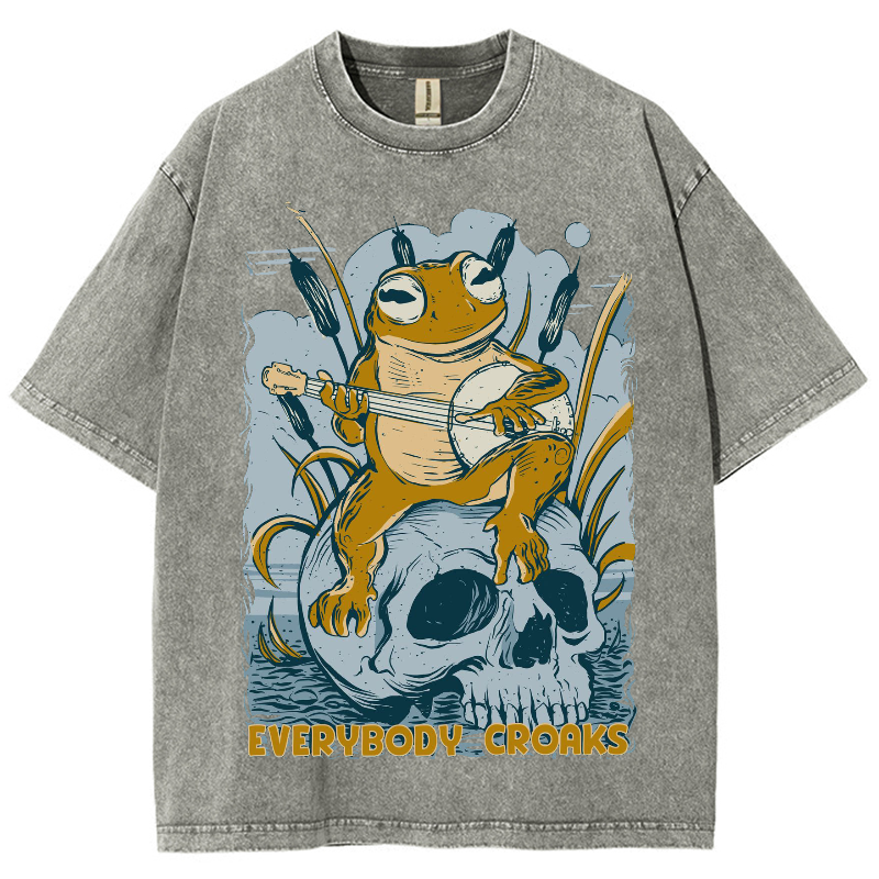 Rock Frog Skull Unisex Vintage Wash Denim T-Shirts-Print-cool