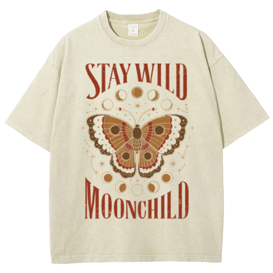 Stay Wild Unisex Oversized Print Vintage Wash Denim T-Shirt-Print-cool