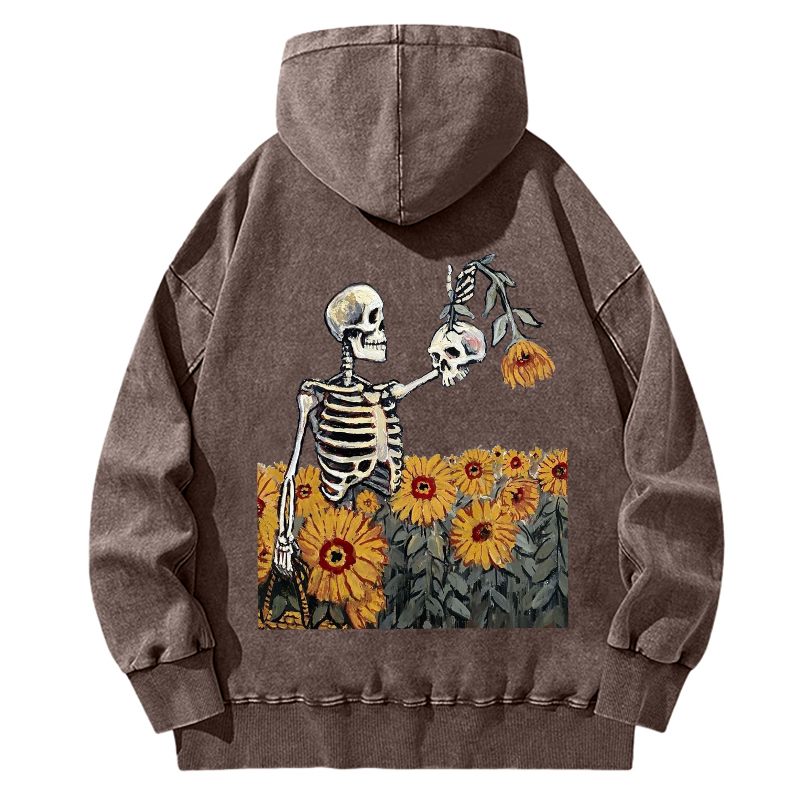 Unisex Casual Washed Sunflower Skull Illustration Printed Hoodie Sweatshirt