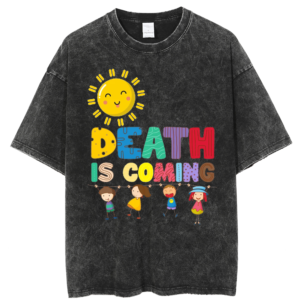 Death Is Coming Unisex Oversized Print Vintage Wash Denim T-Shirt
