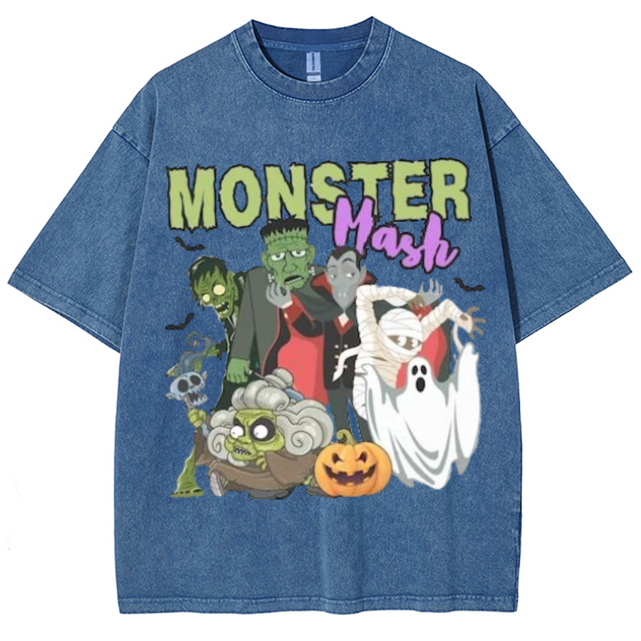 Monster Mash Unisex Printed Retro Washed Short Sleeved T-Shirt