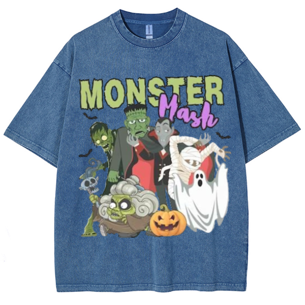 Monster Mash Unisex Printed Retro Washed Short Sleeved T-Shirt