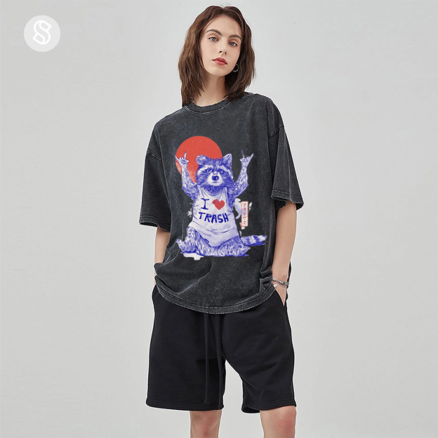 I Love Trash Unisex Printed Retro Washed Short Sleeved T-Shirt