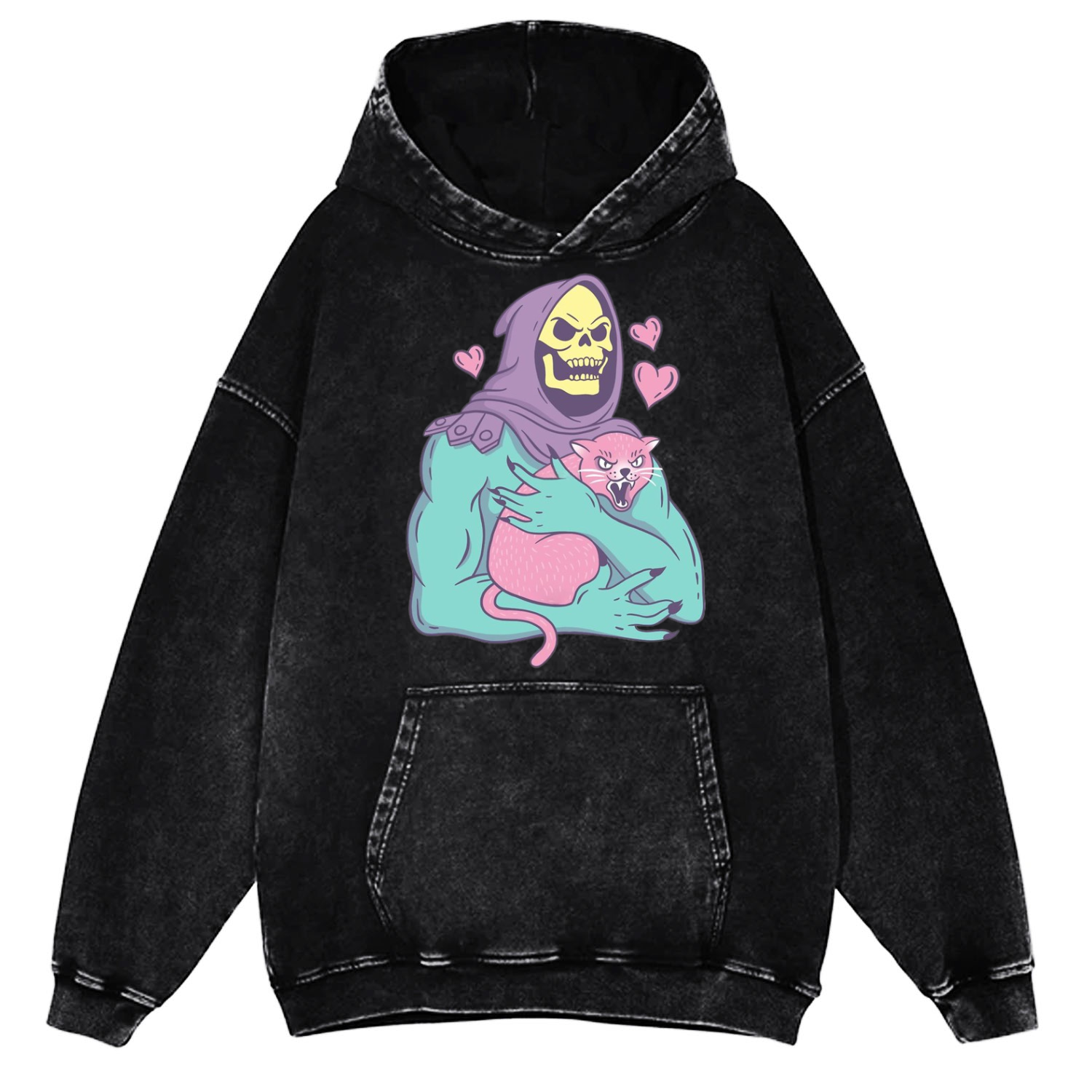 Funny Skull Cat Unisex Printed Casual Washed Hoodie Sweatshirt