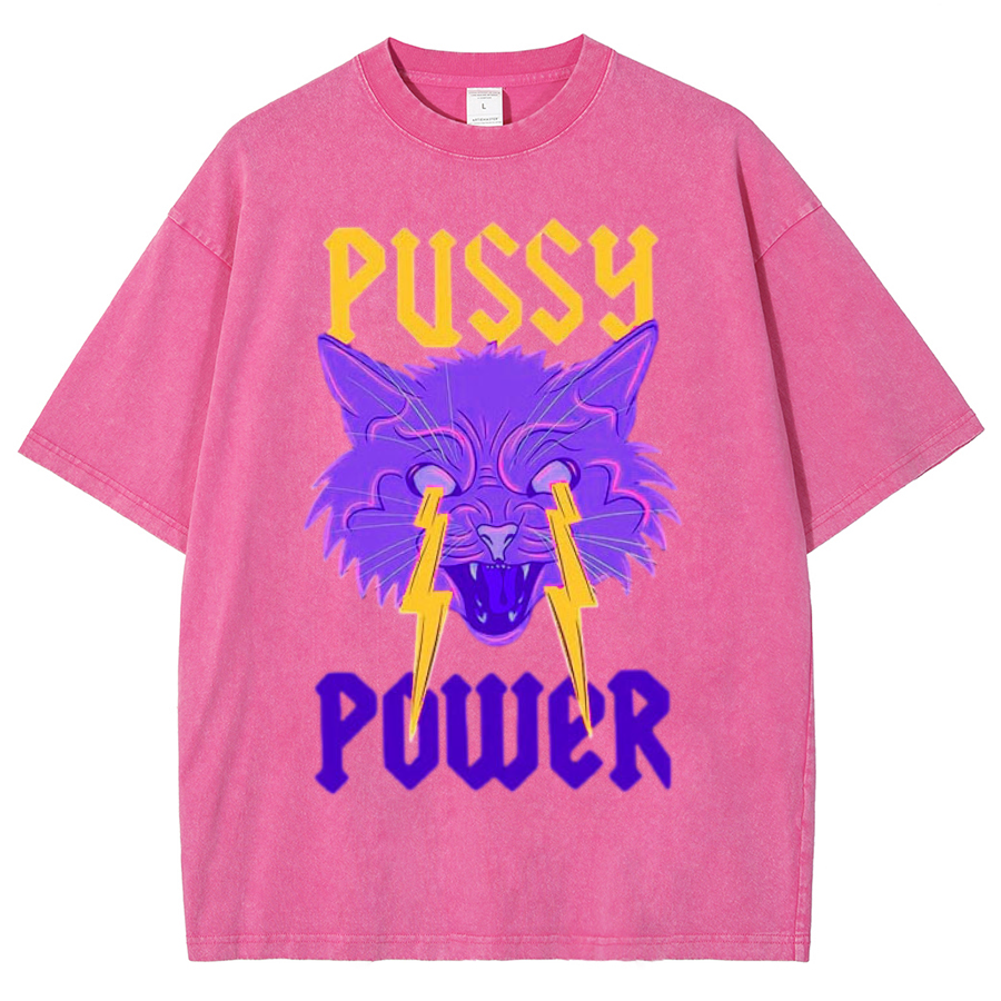 Pussy Power Unisex Oversized Print Vintage Wash Denim T-Shirt-Print-cool