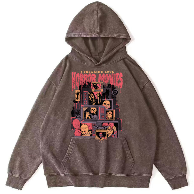 I Freaking Love Horror Movies Unisex Printed Casual Washed Hoodie Sweatshirt-Print-cool