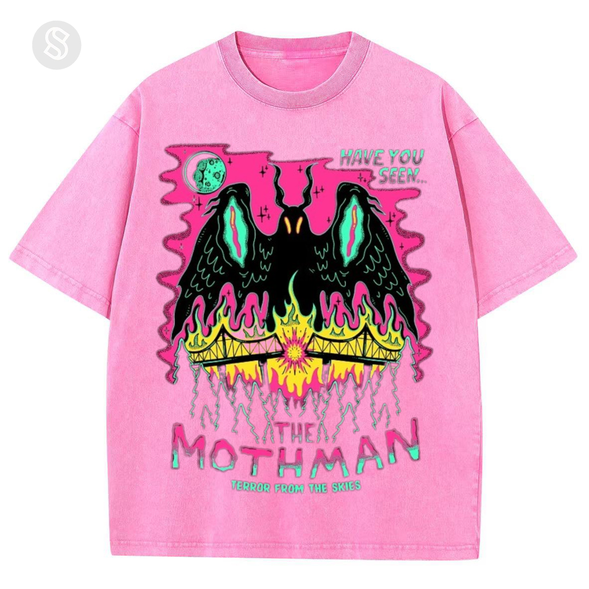 Have You See The Mothman Unisex Printed Retro Washed Short Sleeved T-Shirt-Print-cool