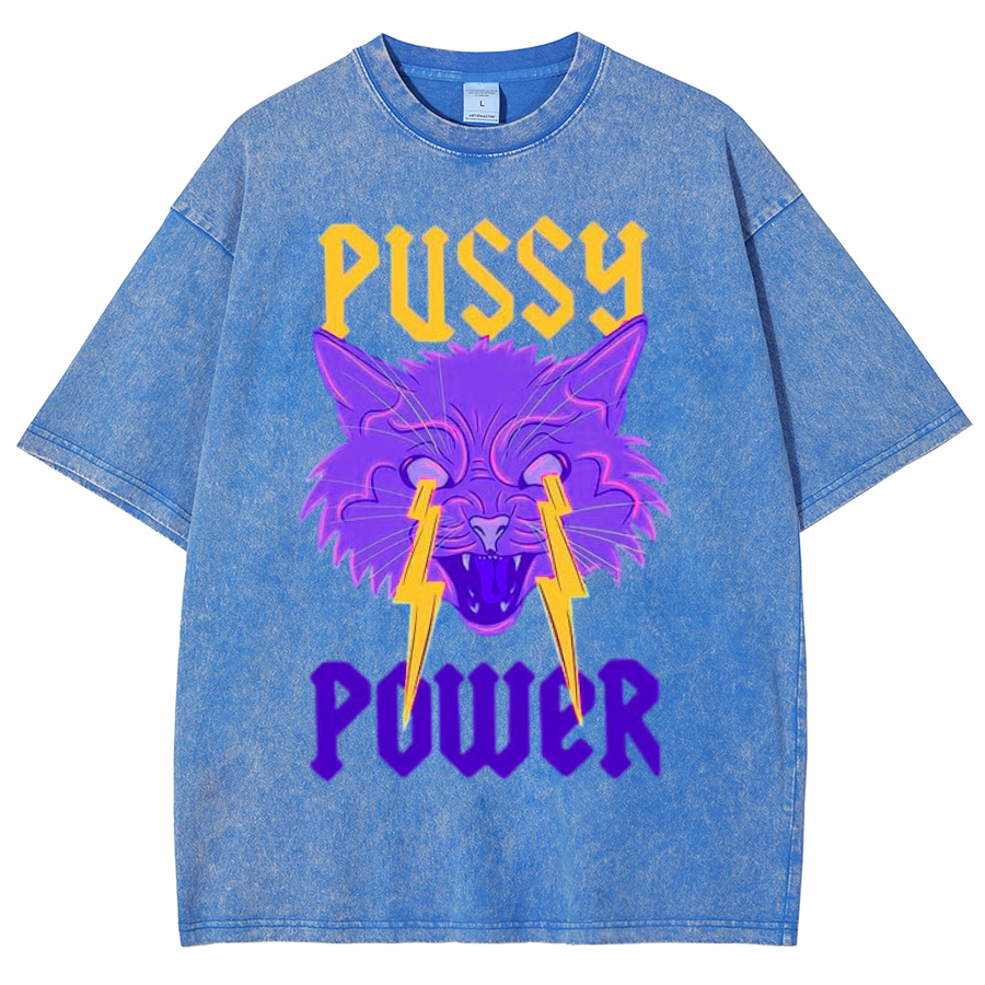 Pussy Power Unisex Oversized Print Vintage Wash Denim T-Shirt-Print-cool