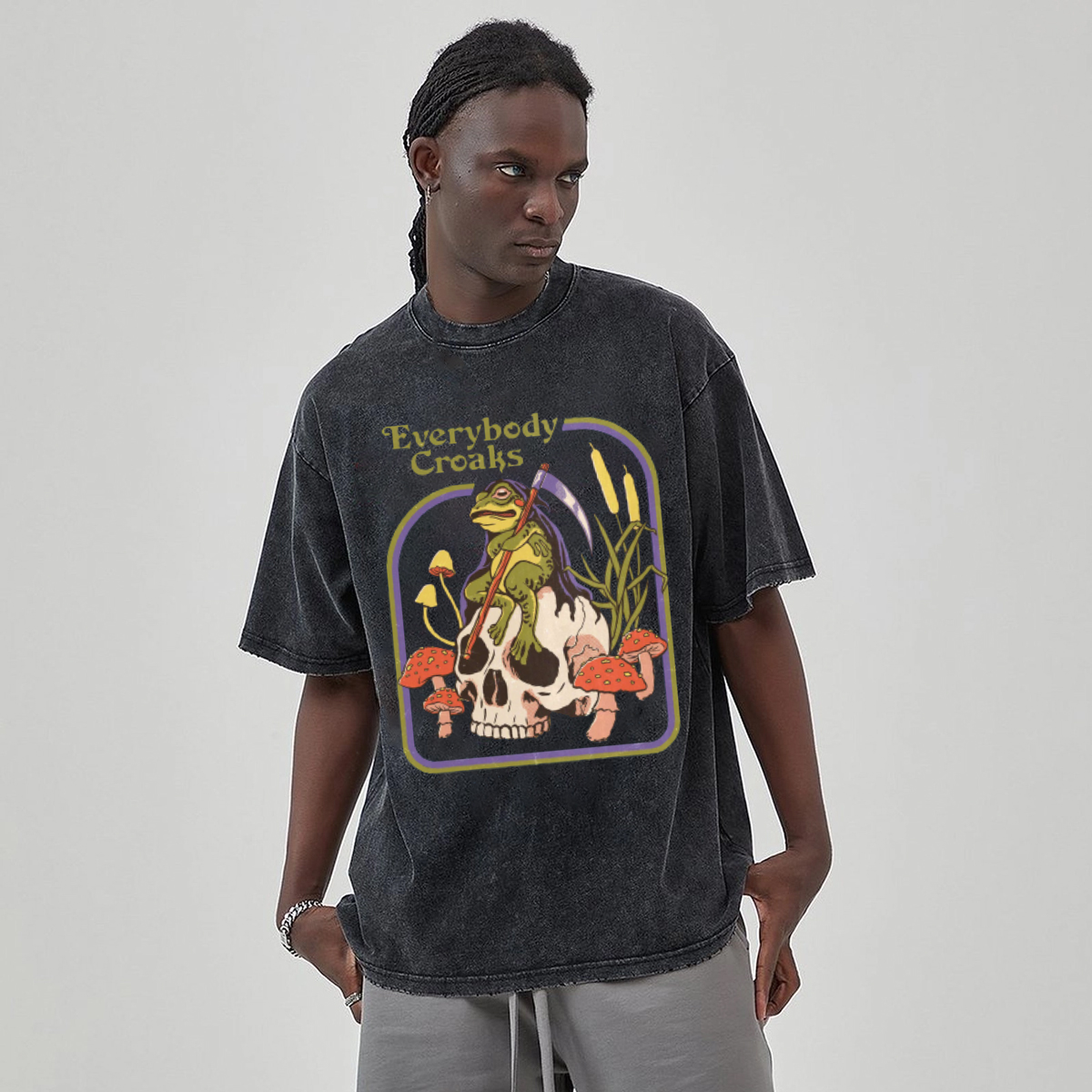 Everybody Croaks Unisex Oversized Print Vintage Wash Denim T-Shirt