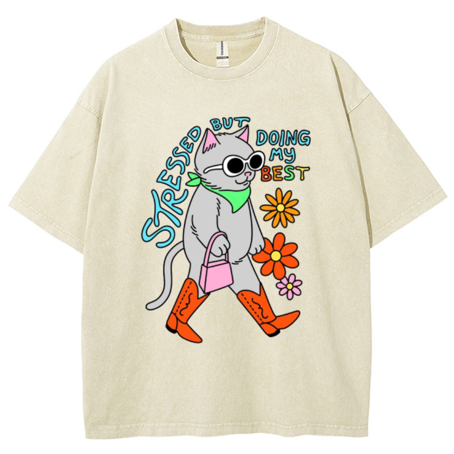 Stressed But Doing My Best Cat Unisex Printed Retro Washed Short Sleeved T-Shirt