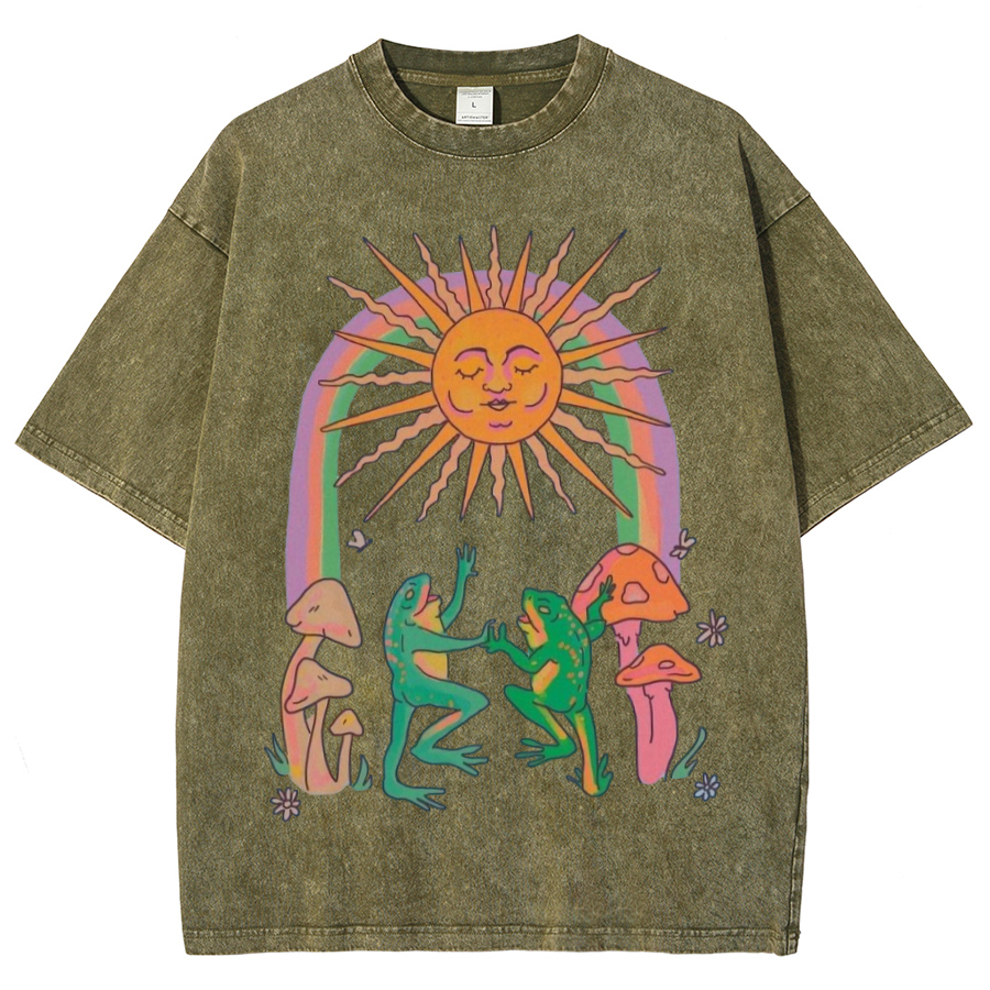 Funny Frog Unisex Oversized Print Vintage Wash Denim T-Shirt