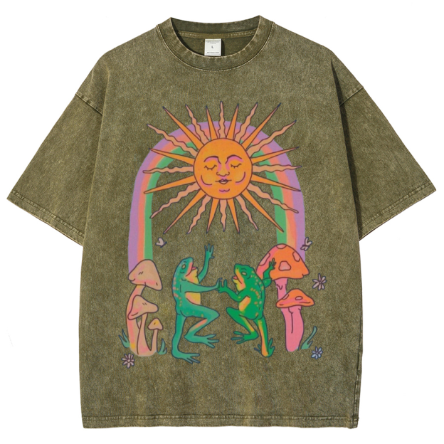 Funny Frog Unisex Oversized Print Vintage Wash Denim T-Shirt