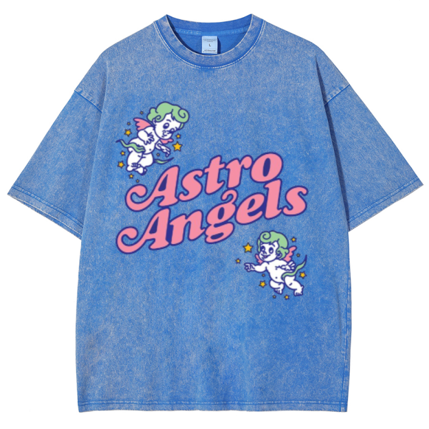 Astro Angels Unisex Oversized Print Vintage Wash Denim T-Shirt