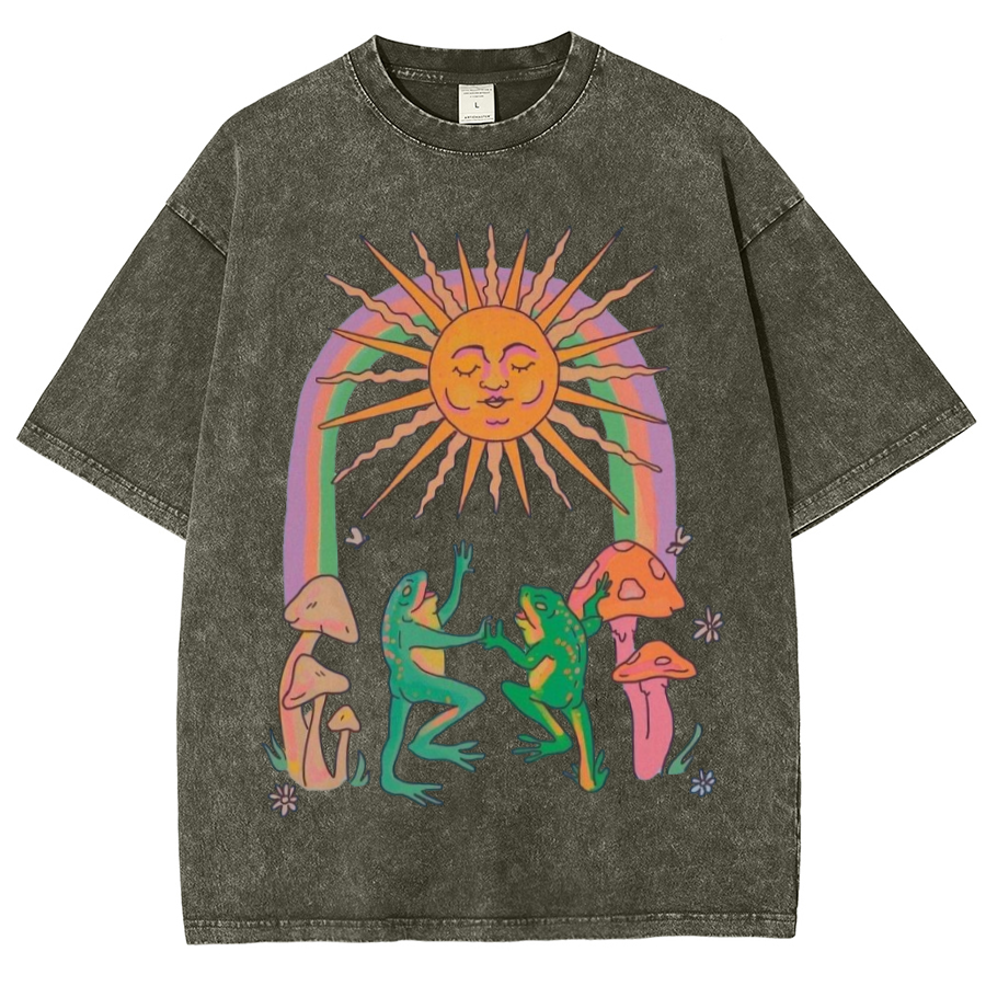 Funny Frog Unisex Oversized Print Vintage Wash Denim T-Shirt