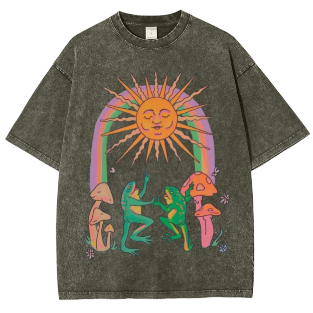Funny Frog Unisex Oversized Print Vintage Wash Denim T-Shirt
