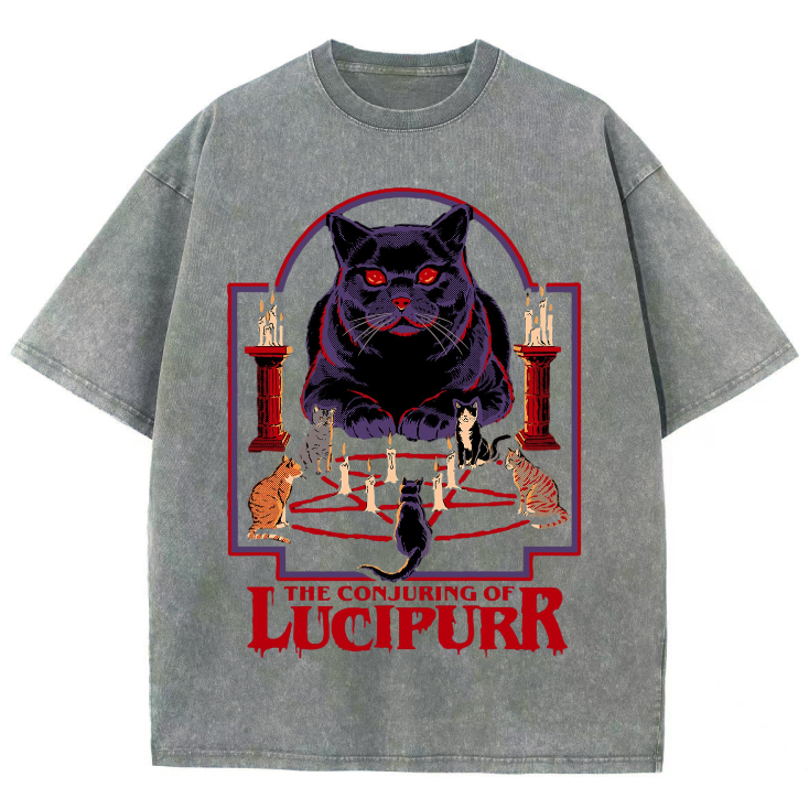 The Conjuring Of Lucipurr Unisex Vintage Solid Wash Denim T-Shirts-Print-cool