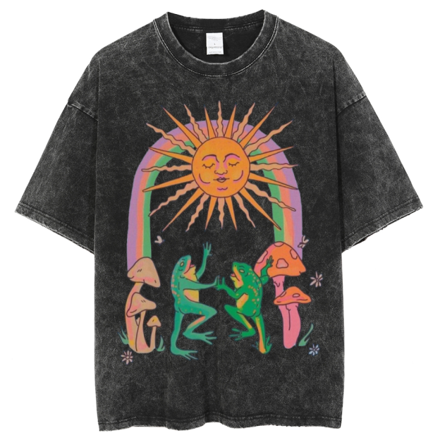 Funny Frog Unisex Oversized Print Vintage Wash Denim T-Shirt