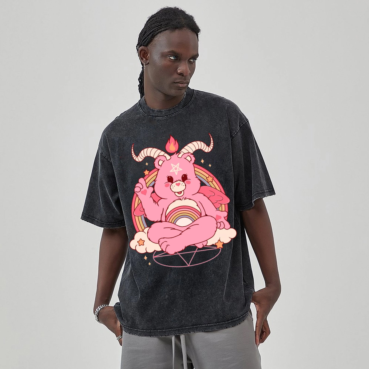 Funny Bear Unisex Printed Retro Washed Short Sleeved T-Shirt