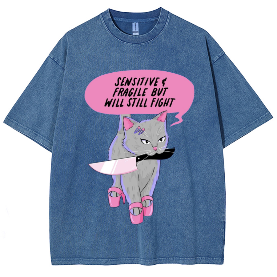 Sensitive Cat Unisex Printed Retro Washed Short Sleeved T-Shirt-Print-cool