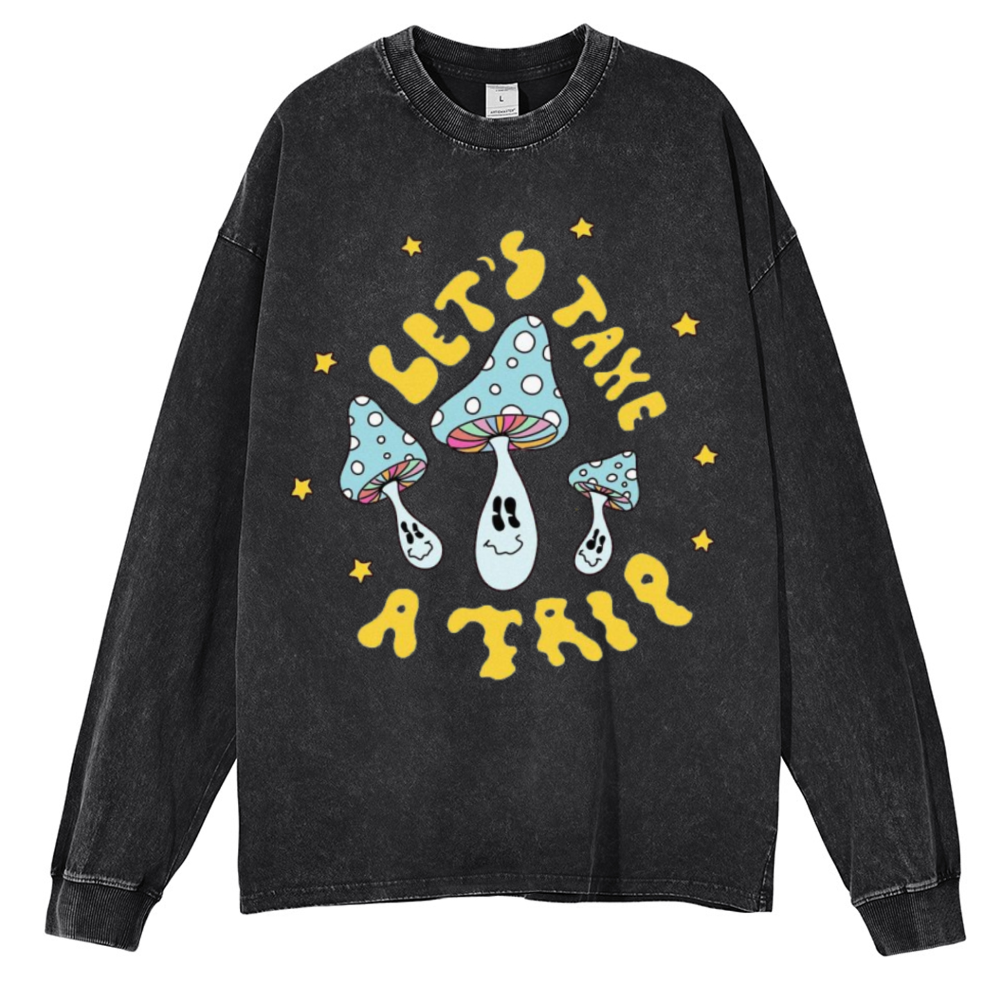 Lets Take A Trip Unisex Casual Washed Printed Round Neck Long Sleeve T-shirt