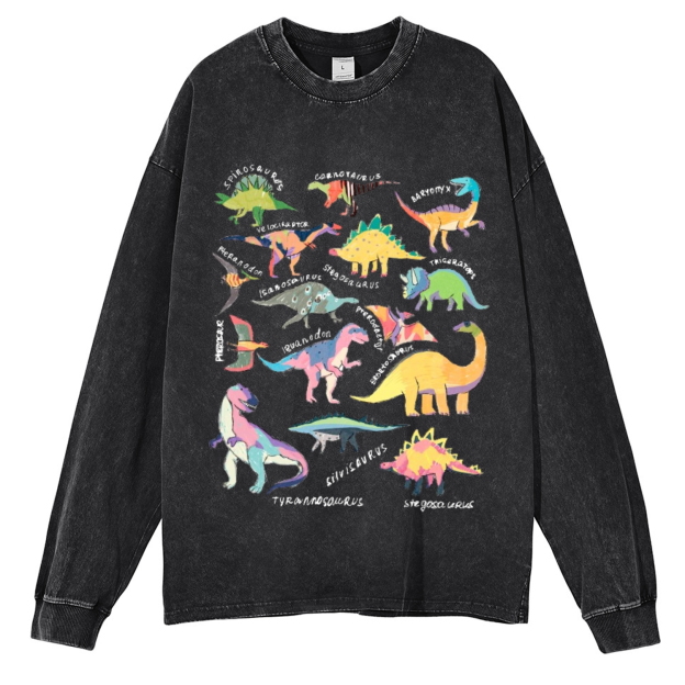 Types Of Dinosaur Unisex Casual Washed Printed Long Sleeve T-shirt
