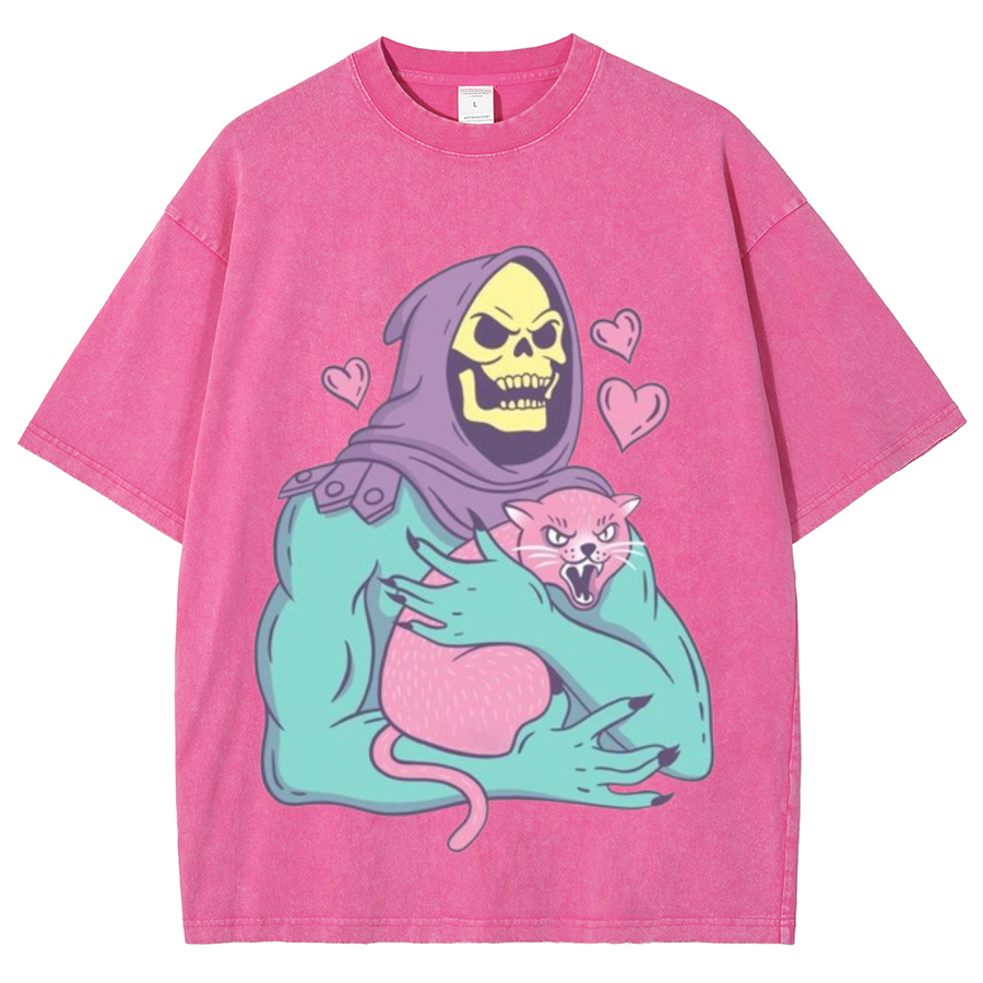 Funny Skull Cat Unisex Printed Retro Washed Short Sleeved T-Shirt