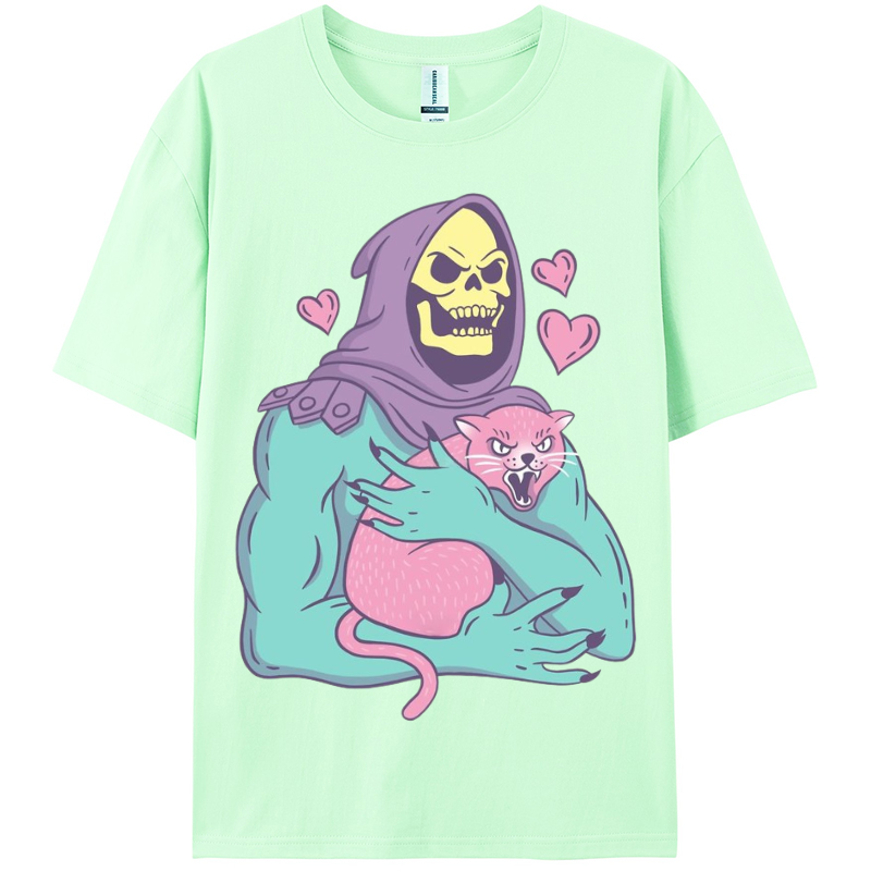 Funny Skull Cat Women Round Neck Casual Short Sleeve T-Shirt